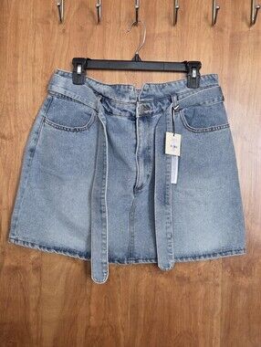 Francesca's Collections Light Blue Denim Mini Skirt with Self-Tie Belt